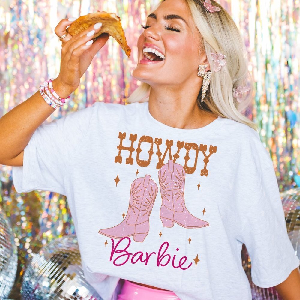 Pink and Orange Distressed Howdy Barbie Western Grey T Shirt